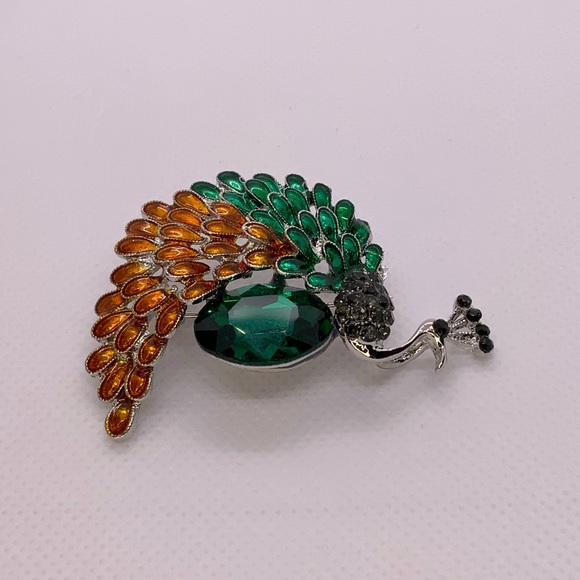 Large Green Emerald Crystal Peacock Brooch - Picture 3 of 7